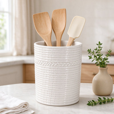 Pot à ustensiles en céramique artisanale, grand pot de cuisine en porcelaine au fini mat, blanc