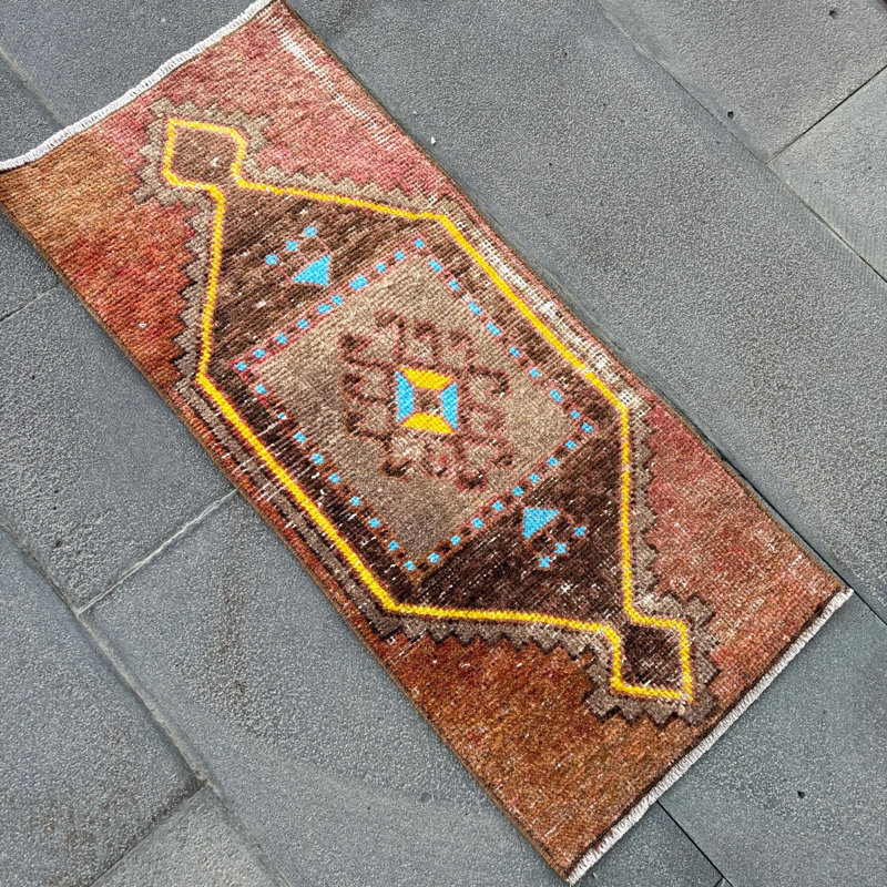 Handwoven Turkish Tribal Design Vintage Runner Rug in Warm Brown Tones for Bohemian Decor