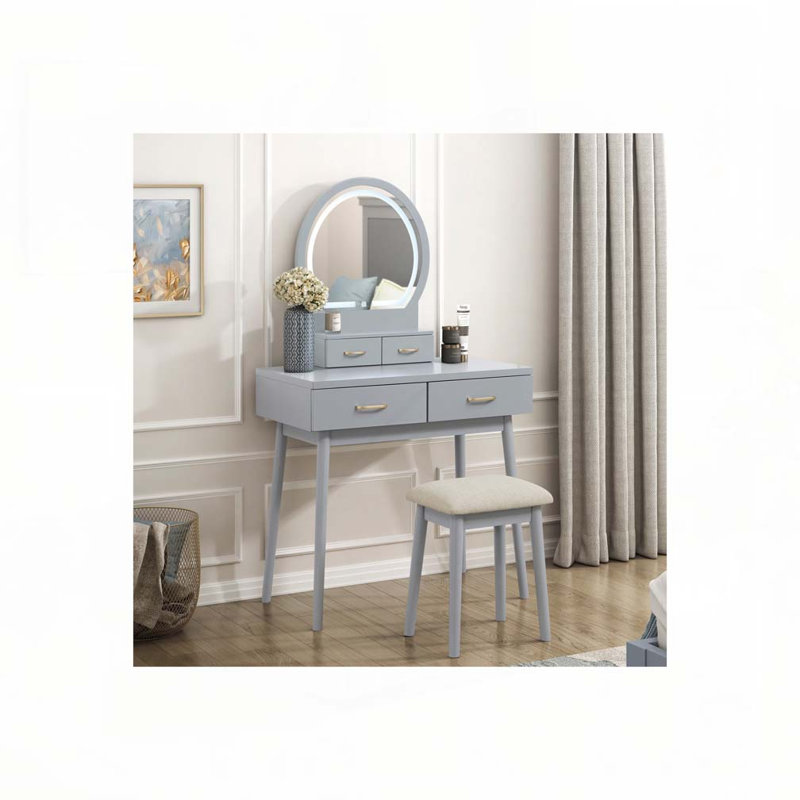 Beautiful Gray Finish Vanity Dresser with Mirror and Stool Set Storage Drawers Luxury Furniture 1pc LED Mirror, Gray