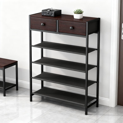 5-Tier Shoe Rack With 2 Fabric Drawers, Metal Shoe Storage Organizer With Wooden Top And Adjustable Fabric Shelves For Entryway, Closet, Or Hallway