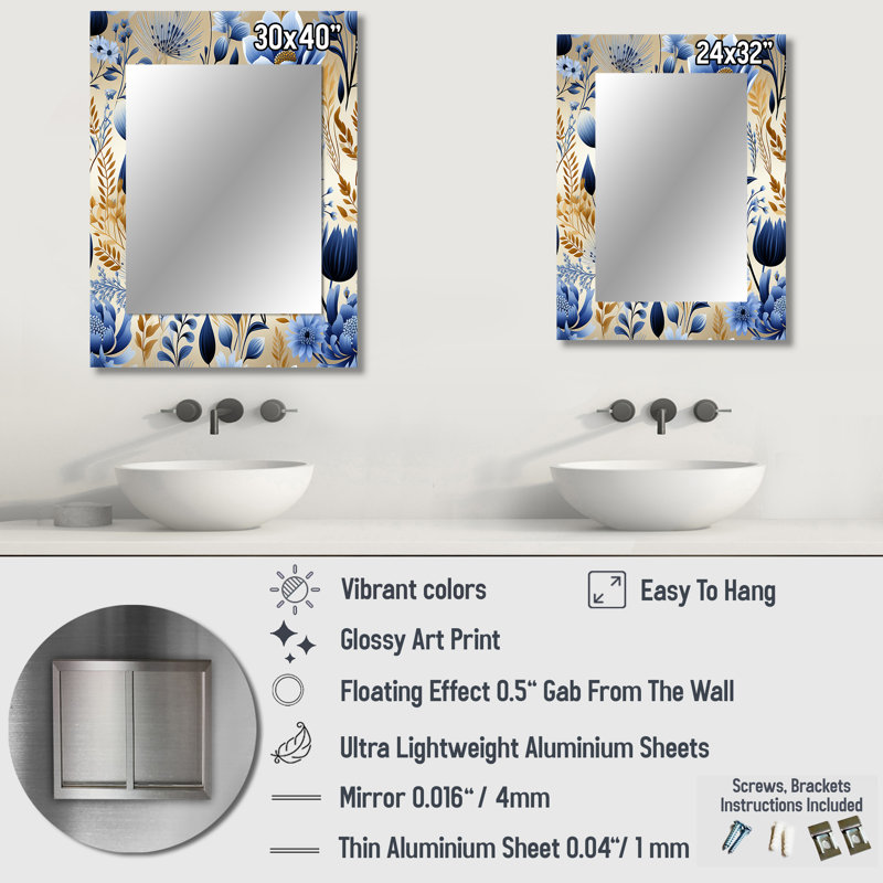 Motif de fleurs Anyla Blue Meadow - miroir floral, miroir mural unique, impression sur métal, 32 po x 24 po