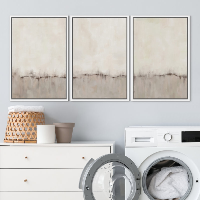 «Pastel Abstract Organic Modern Neutral», ensemble de 3 reproductions d'art encadrées sur toile, H 24 po x l 48 po, Blanc