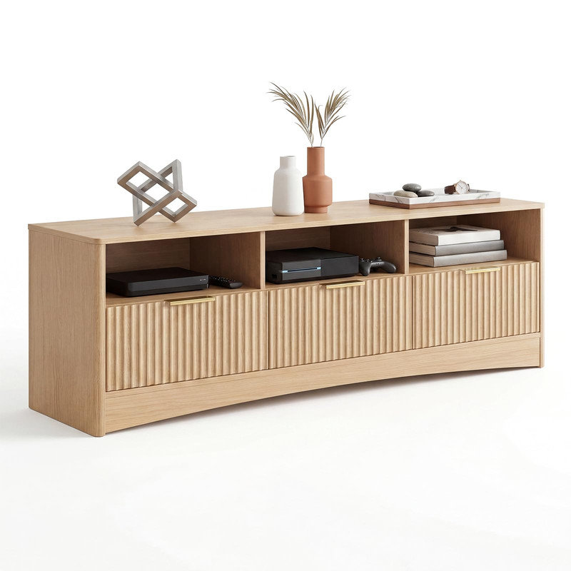 59" TV Stand for TVs Up to 65", Modern Fluted Entertainment Center with 3 Drawers & Open Shelves, Wood Media Console for Living Room, Bedroom, Natural Oak