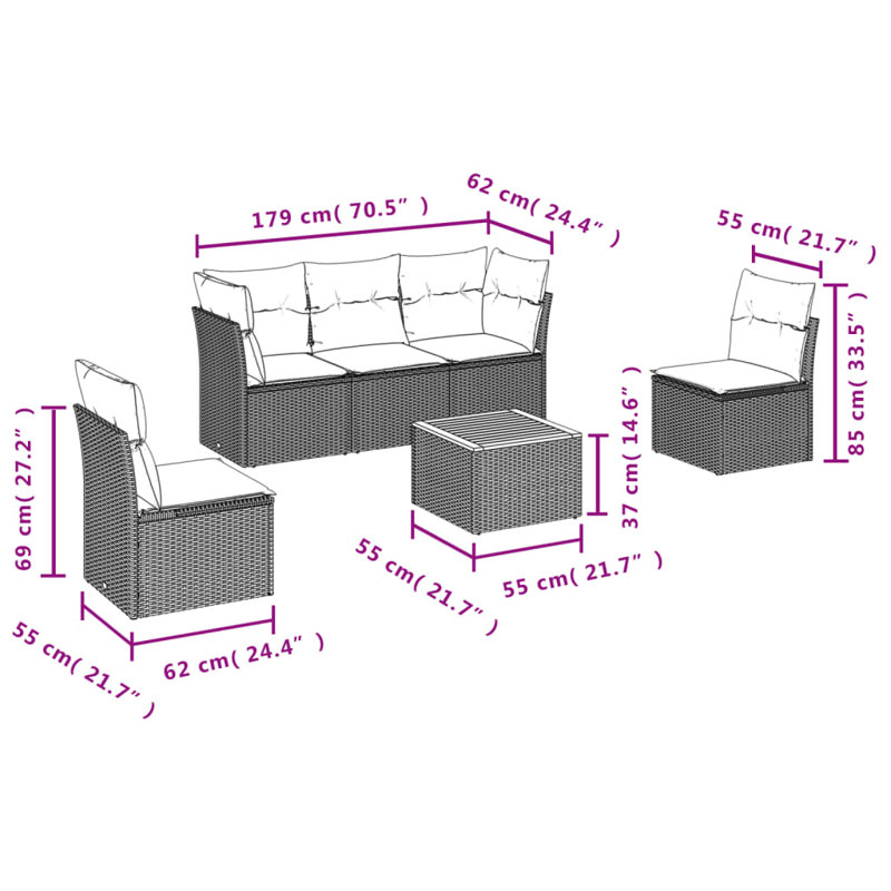  Ensemble de canapé de patio 6 pièces avec coussins en rotin de polyester gris