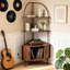 Support pour tourne-disque de coin haut avec rangement, bibliothèque à 4 niveaux avec armoire de rangement incurvée et porte coulissante