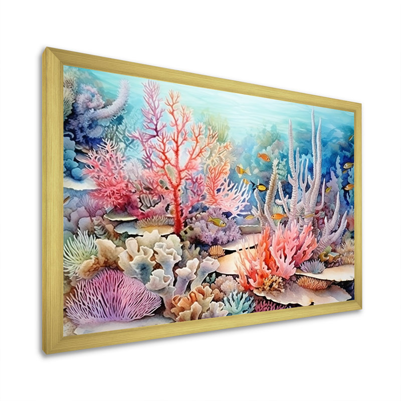 Rose et bleu sous l'eau, corail Wold I - art mural corail sous l'eau, H 16 po x l 32 po x P 1 po, Cadre doré