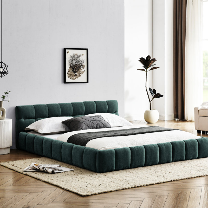 Lit moderne grand avec revêtement en chenille, tête de lit, sans sommier tapissier, bleu, lit uni et lit plateforme tapissier