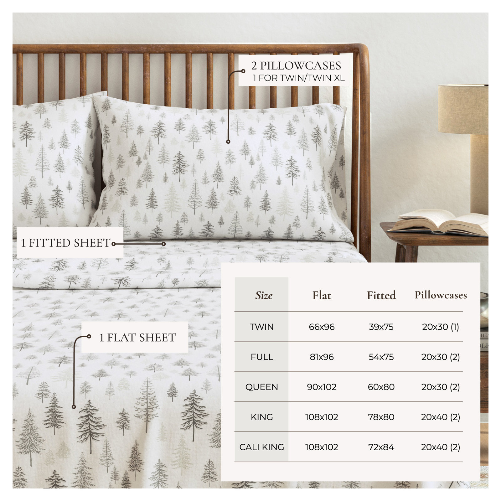 100% Turkish Cotton Flannel Solid & Plaid Sheet Sets, Full with 2 Pillowcases, Truckee - Grey