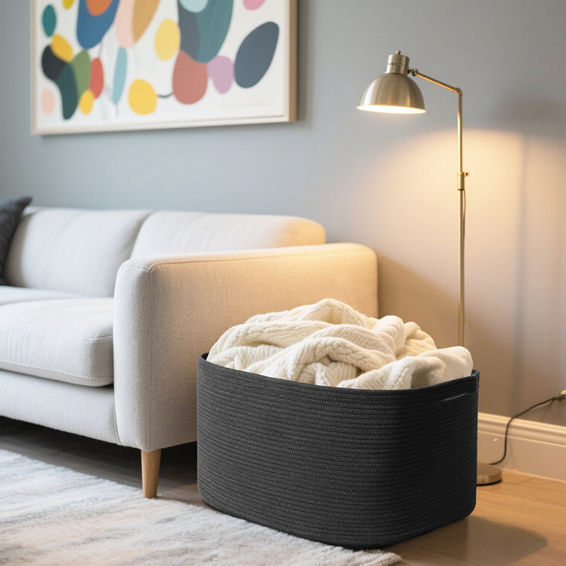 62L Extra Large Cotton Rope Storage Basket with Handles – Woven Blanket Basket for Clothes, Blankets, Pillows & Toys, Black