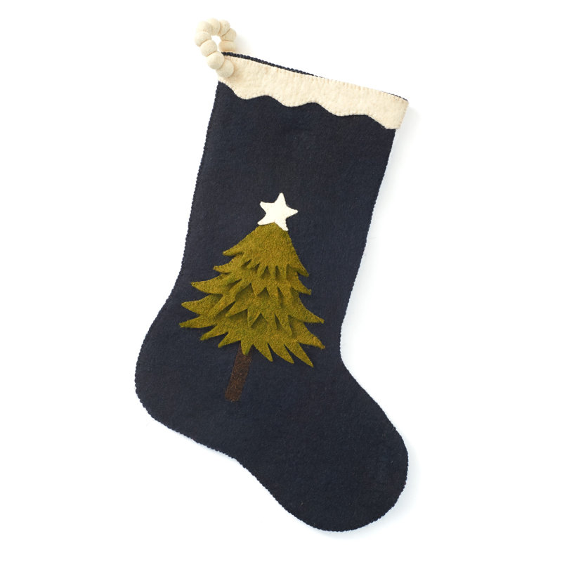Hand Felted Wool Christmas Stocking - Tree on Navy Blue