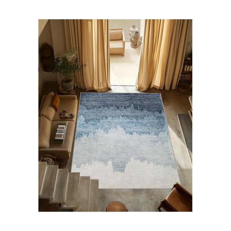 Tapis décoratif moderne bleu à motif abstrait lavable à la machine, Tapis de couloir 3 pi 3 po x 6 pi 7 po inclus