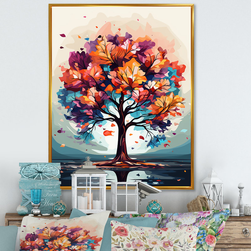 Orange orange, feuillage d'arbre I - art mural arbre, Cadre flottant doré, 44" H x 34" W
