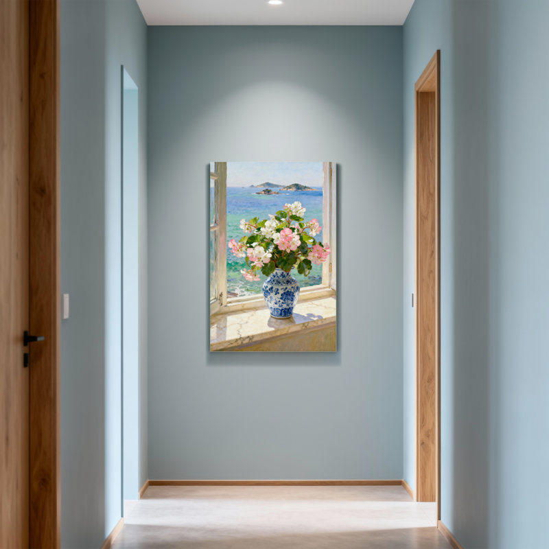 «Plants & Flowers Floral Vase Window Seascape View Art Print», H 20 po x l 30 po