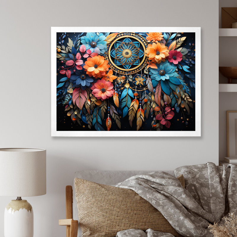 Teal Dream Catcher Dreams In - Dreamcatcher, art mural, H 16 po x l 32 po x P 1 po, Cadre photo blanc