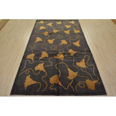 Contemporary Rug 6' X 9’7” Dark Gray Gold Wool/Silk Hand-Knotted Carpet