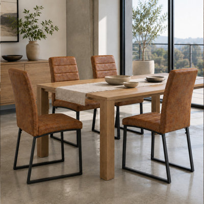 Set of 4 Dining Chairs - 2.1" Thick Cushion, Iron Frame, Brown+Black, 21.5"L x 17.2"W x 35.7"H