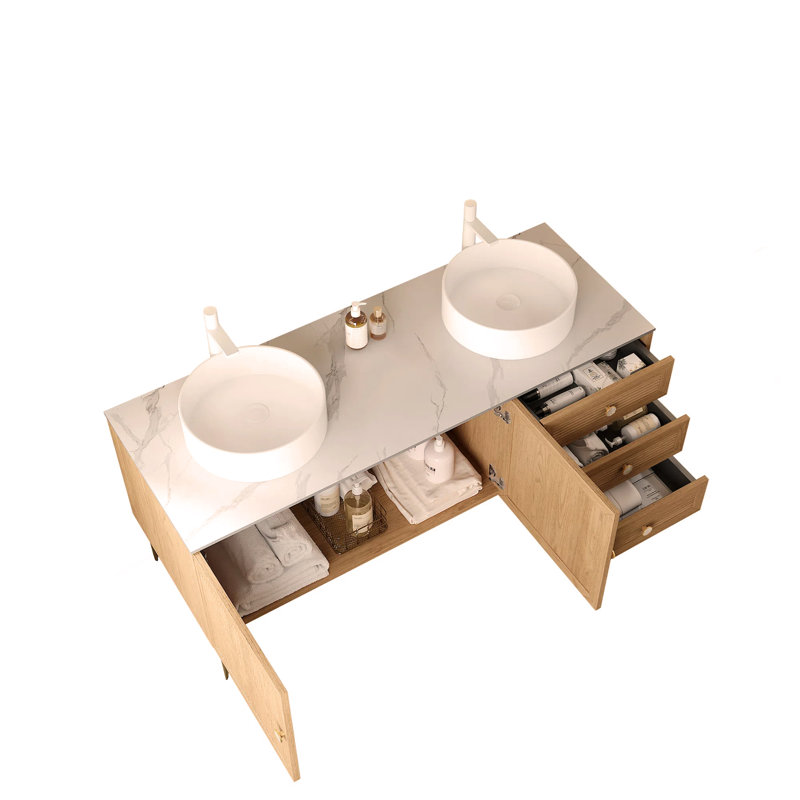 Meuble-lavabo de 60 po avec 2 lavabos, armoire de rangement autoportante en contreplaqué avec 5 pieds en métal, 3 tiroirs à fermeture douce et 2 portes