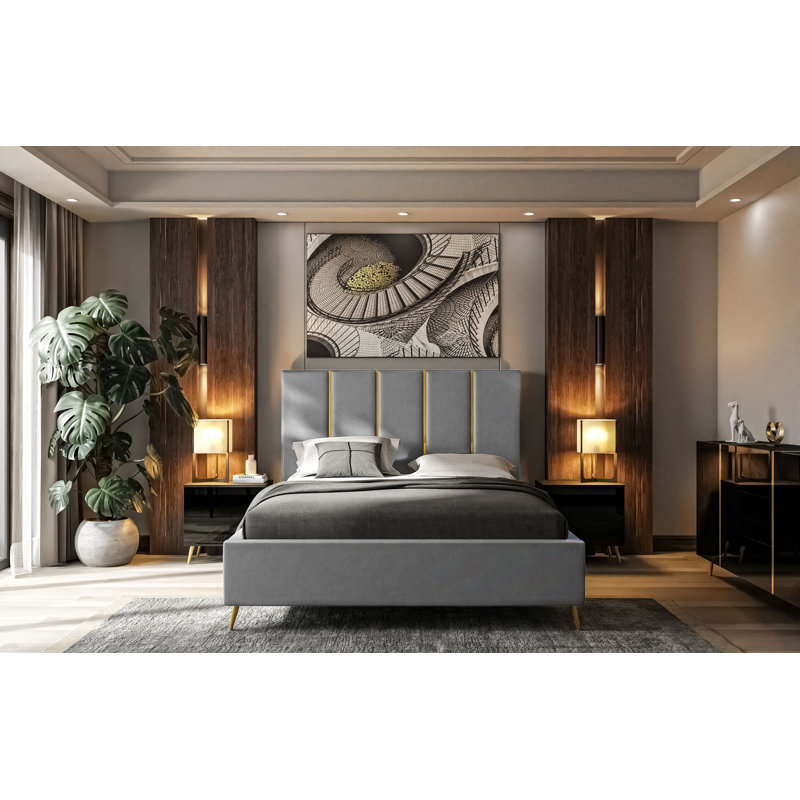 Upholstered Bed Ajhar with Storage, European Double (140 x 200cm), Light Grey