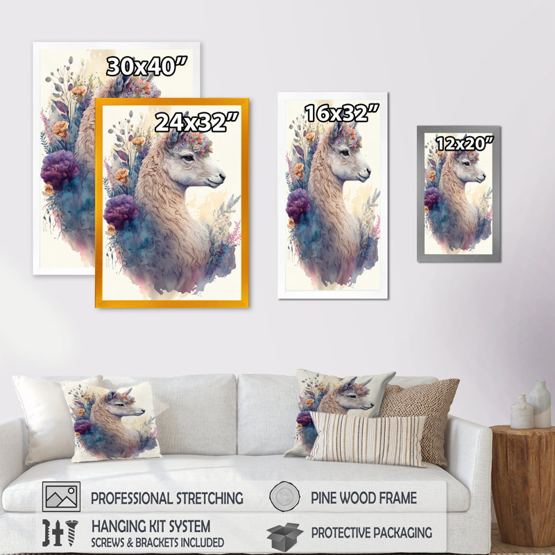 «Cute Llama Floral III», impression sur toile, Cadre photo noir, H 32 po x l 24 po x P 1 po