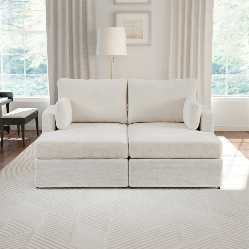 63.4" W Slipcovered Upholstered Chenille Chaise Lounge, Ivory