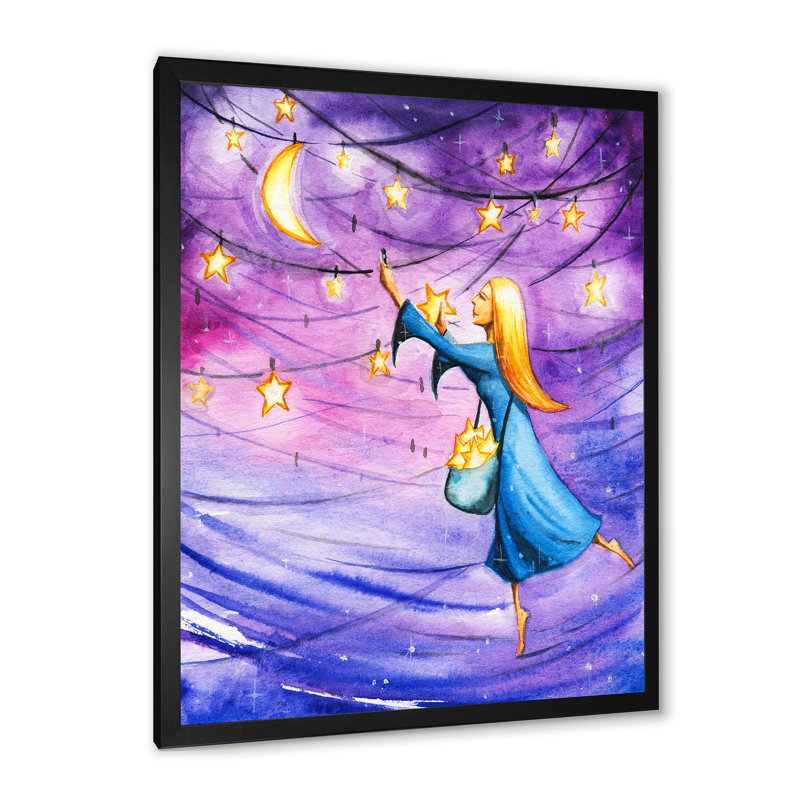 Magical Night With Skies - Art mural pour enfants, décoration sur toile, H 36 po x l 24 po x P 1 po, Cadre photo noir