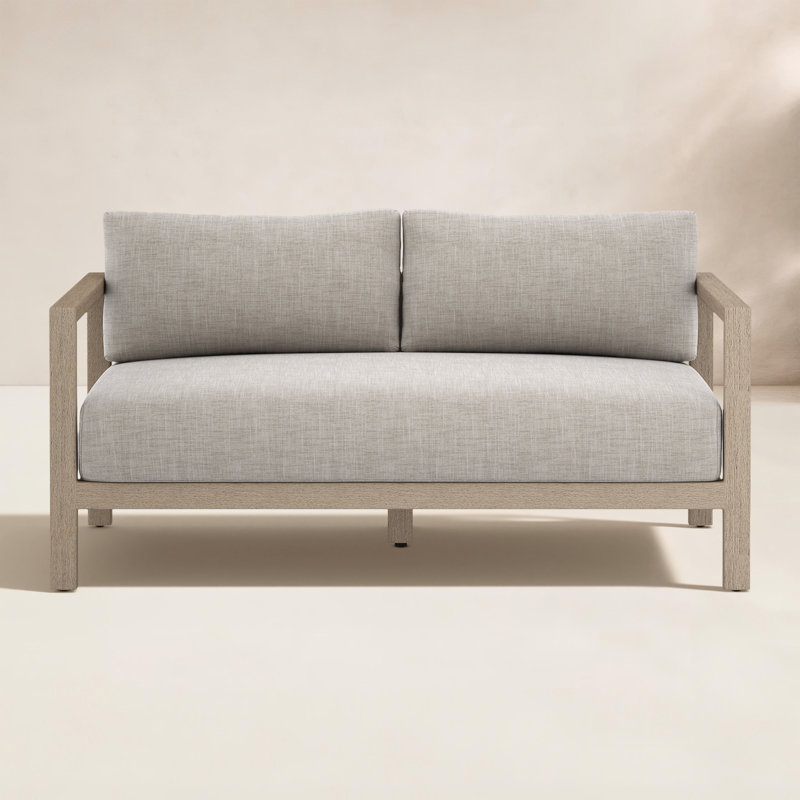 Cavani 59.75'' Wide Teak Loveseat with Cushions, Weathered Gray, Stone Gray