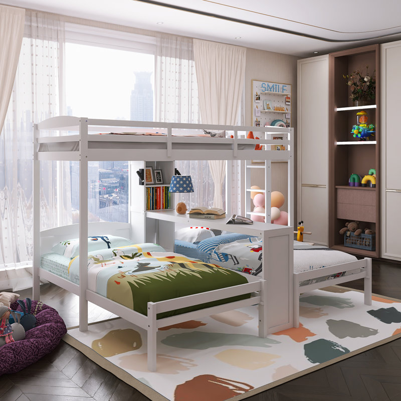 Lit superposé simple au-dessus de simple et simple avec cadre en bois avec bureau intégré et tablettes, Blanc