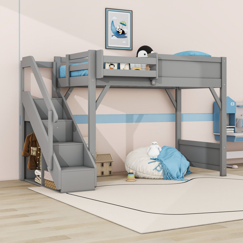 Wood Loft Bed with Built-in Wardrobe and Staircase, Gray, Twin