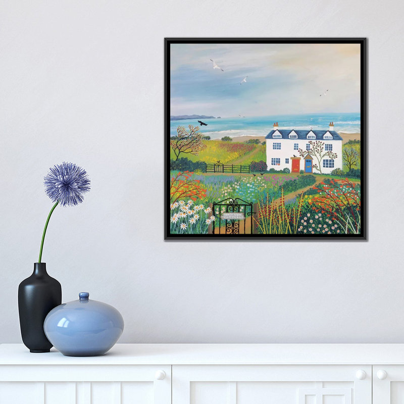 " Beach View Cottages " by Jo Grundy, 18" H x 18" W x 1.5" D, Black Framed Canvas, No Mat