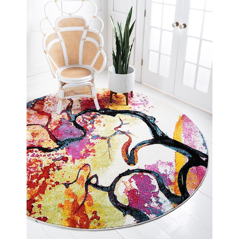 Tapis jaune / rouge / noir à motif géométrique Tanguay, Rond 6 pi