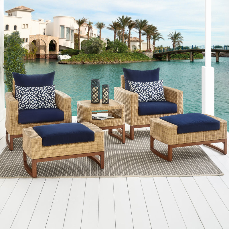 Tullio 5 Piece Rattan Seating Group with Sunbrella® Cushions, Canvas Navy Sunbrella® Canvas