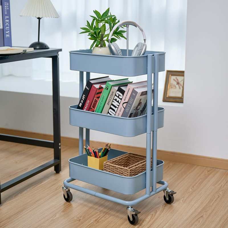 Chariot de rangement mobile en métal à 3 niveaux - Chariot de rangement multifonctionnel, Blue