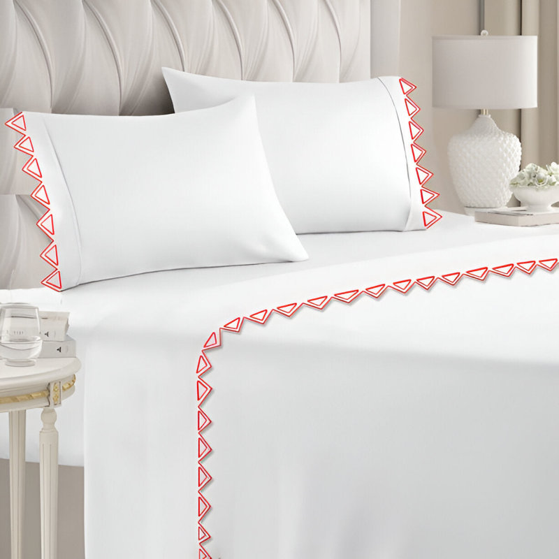 Ashley 400TC Cotton Traingle Embroidery Cotton 4 Piece Sheet Set Fitted Sheet Fits Upto 16" Deep Pocket, Red