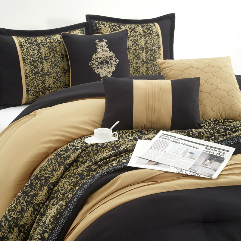 Charley Microfiber 7 Piece Comforter Set, California King Comforter + 6 Additional Pieces, Black/Gold