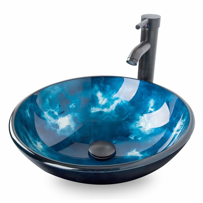 RAYS 16.5'' Blue Tempered Glass Circular Vessel Bathroom Sink with ...