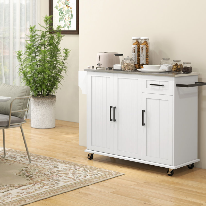 Étagère d'îlot de cuisine mobile - blanc, comptoir en acier inoxydable, tiroir, 3 armoires, étagère à épices, porte-serviettes avec tiroir et blanc