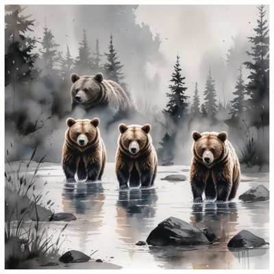Bears In Forest River Canvas Gallery Wrap in Many Sizes