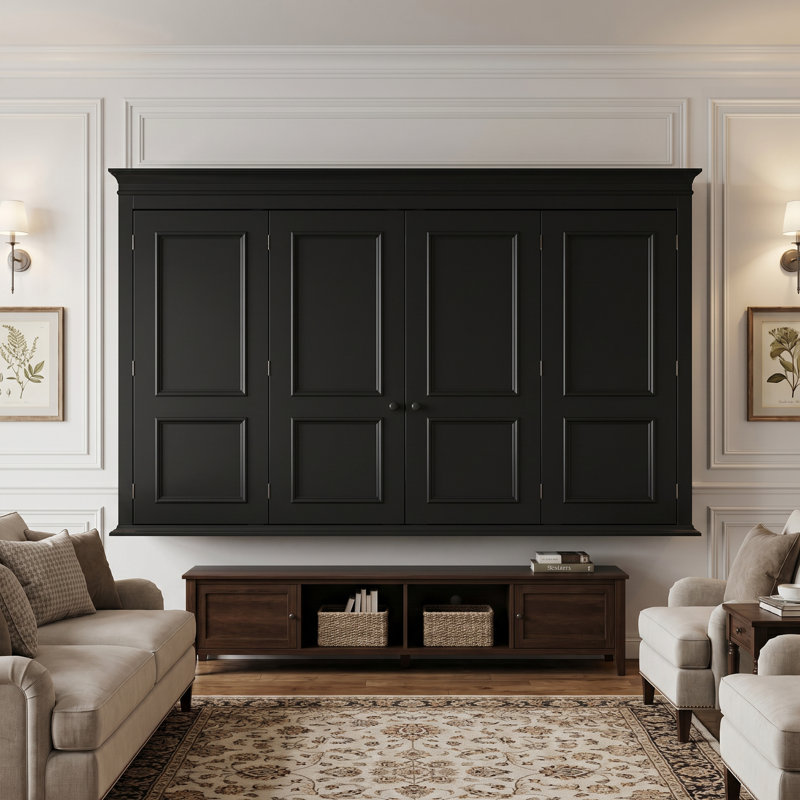 Black TV Cover Wall Cabinet With Folding Doors And Solid Frame
