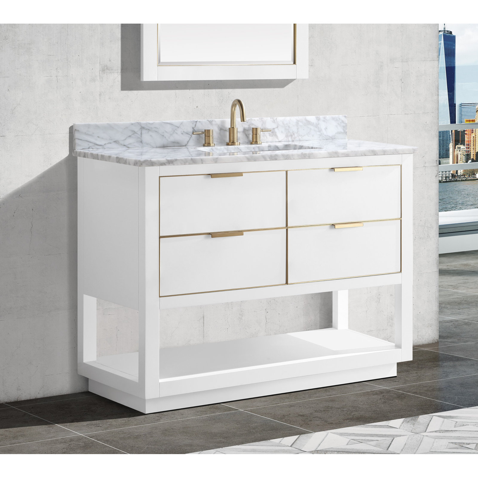 Allie Single Bathroom Vanity, White, 42"W, Carrara White Marble/Gold