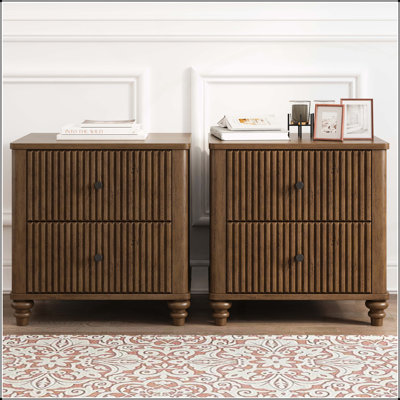 Mid Century Modern Fluted Nightstand Set, 2-Piece Wooden Bedside Tables with 3 Drawers, Metal Handles, for Stylish Storage