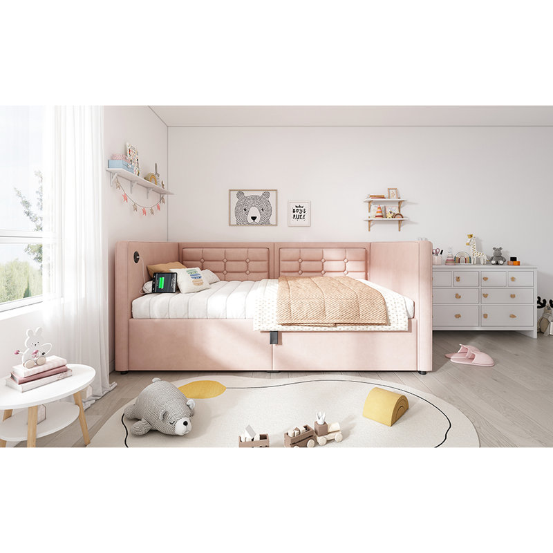 Twin Upholstered Bed, Pink Velvet Bed Frame With Hydraulic Storage, & Type - C Charging, Wooden Slats, And Comfortable For Working In Velvet, Storage Support