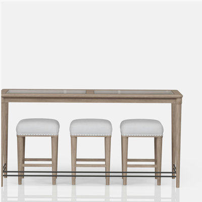 Dana Heights 4-Piece Console Table Set with 3 Stools – Sand Finish, Mindi Veneer with Frosted Glass Top