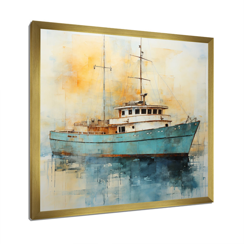 Bateau de pêche jaune et bleu à l'aube - bateau côtier, art mural, Cadre doré simple, H 30 po x l 30 po x P 1,5 po