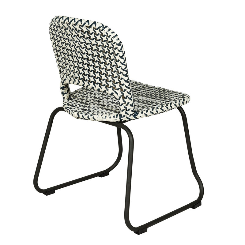 Luna Woven Rattan Outdoor Side Chair, Blue/White Seat/Black Frame