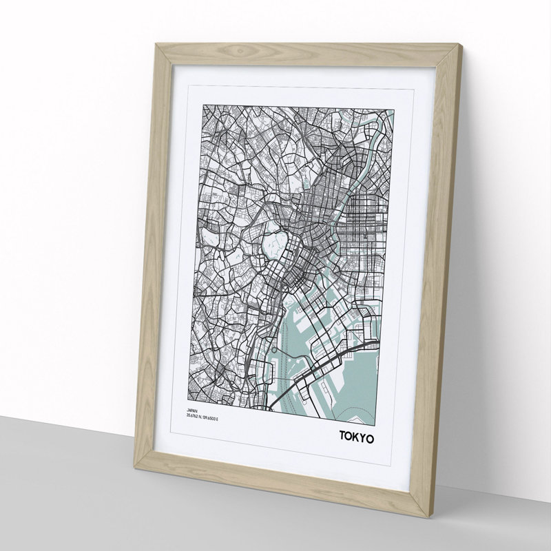 Map Tokyo Japan - Picture Frame Graphic Art, 48cm H x 36cm W x 2cm D, Oak