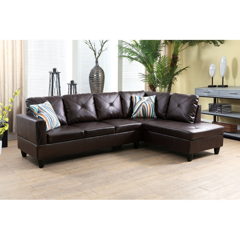 Elaynah Faux Leather L-Shaped Sectional, Brown Faux Leather, Right Hand Facing