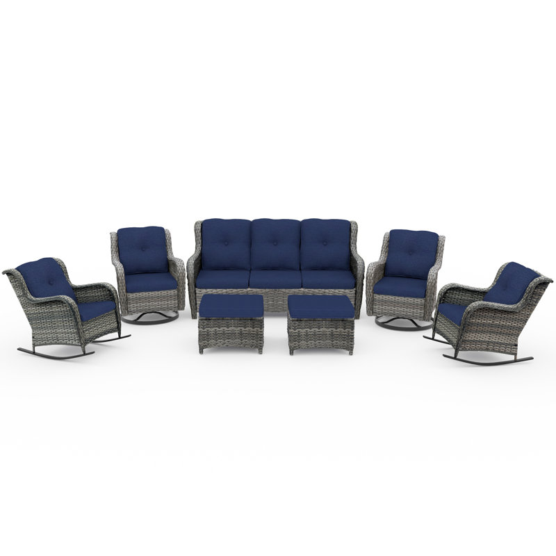 Loreley Wicker 7 - Person Patio Conversation Set with Cushions, Blue