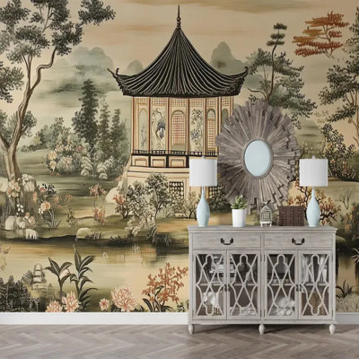 Murale de paysage de pavillon oriental élégant