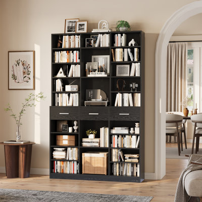 75-Inch Tall Wooden Bookcase with Drawers, 47-Inch Wide 9-Shelf Farmhouse Storage Cabinet, Featuring Adjustable Shelves for Living Room & Office