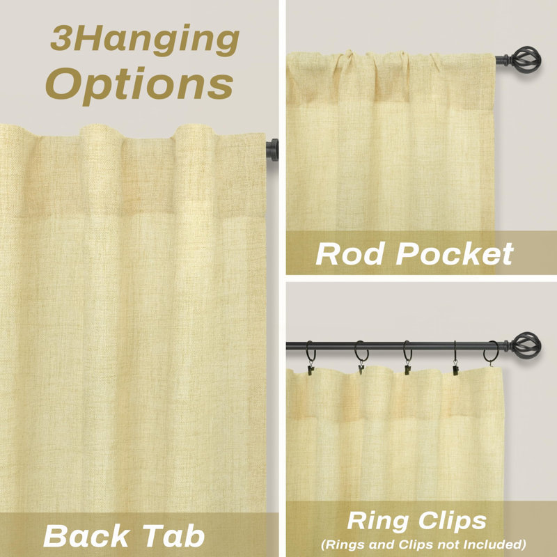 Paire de rideaux semi-transparents avec passe-tringle Janie, Jaune, L 52 po x L 96 po